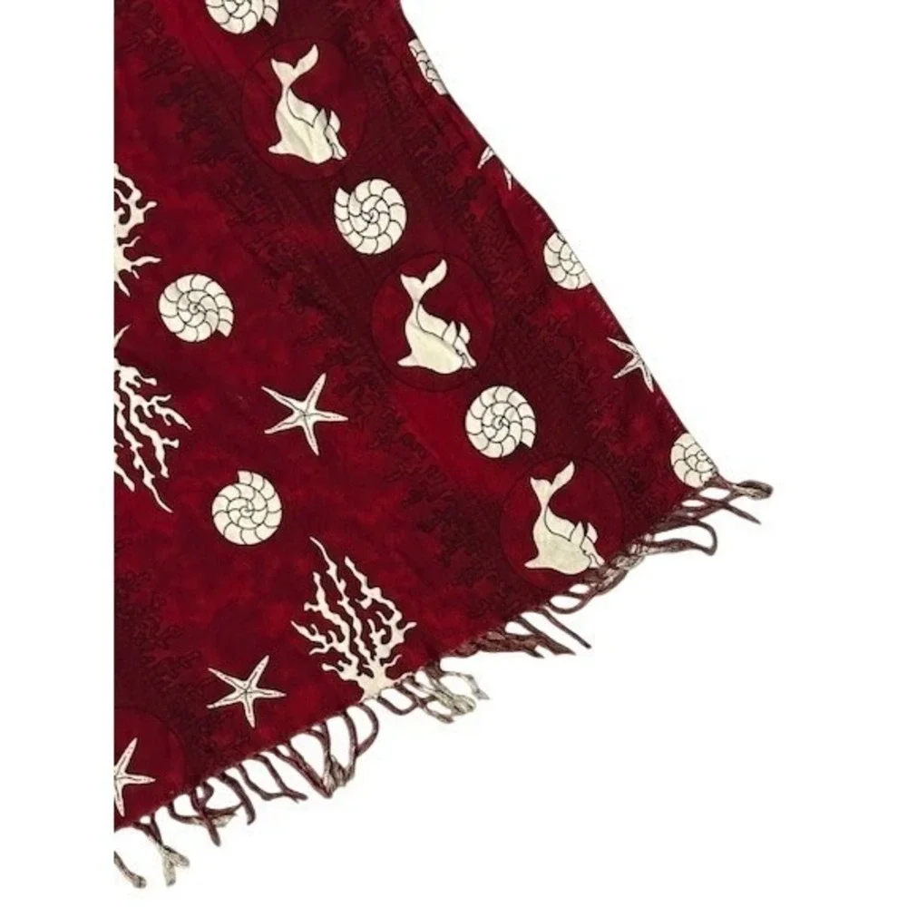 VTG Handmade Nautical Shell Starfish Dolphin Print Scarf Sarong Red Coastal Wrap
